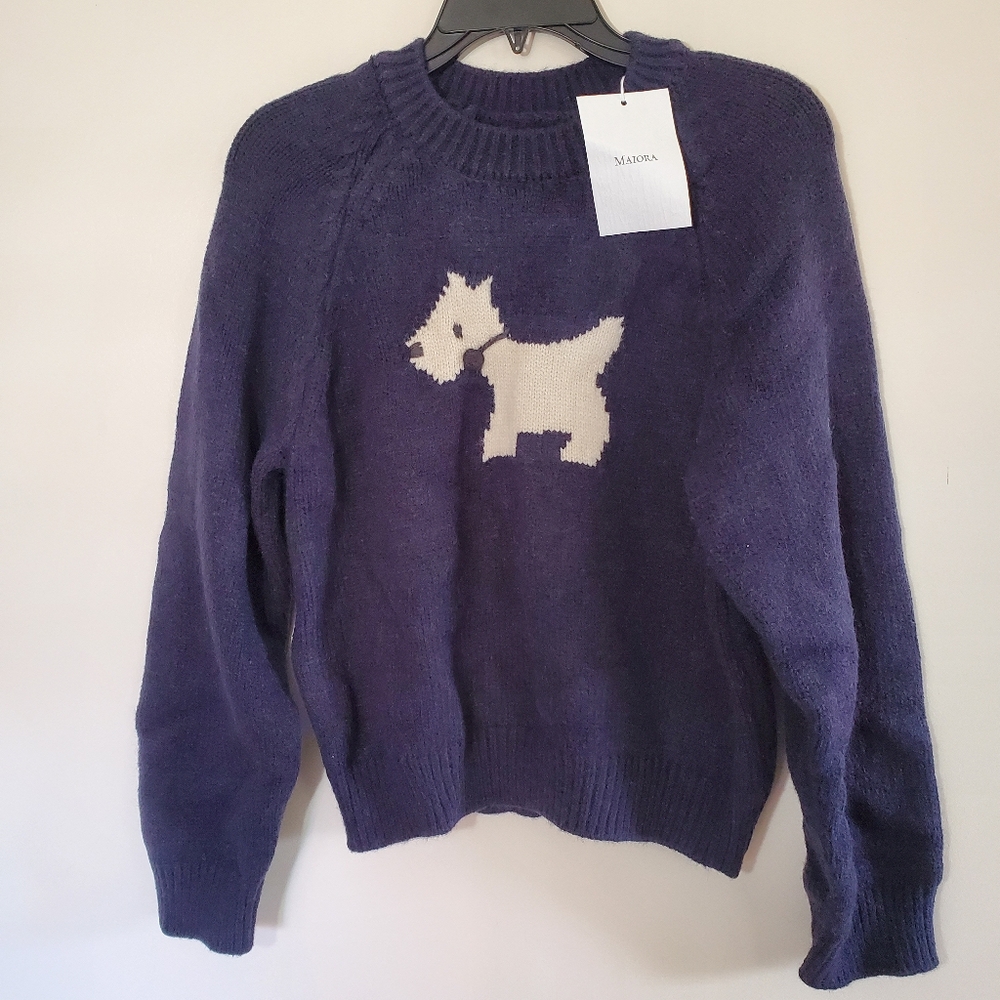 NWT MAIORA Scotty Dog Knit Crewneck Pullover Blue White Super Soft Size Medium